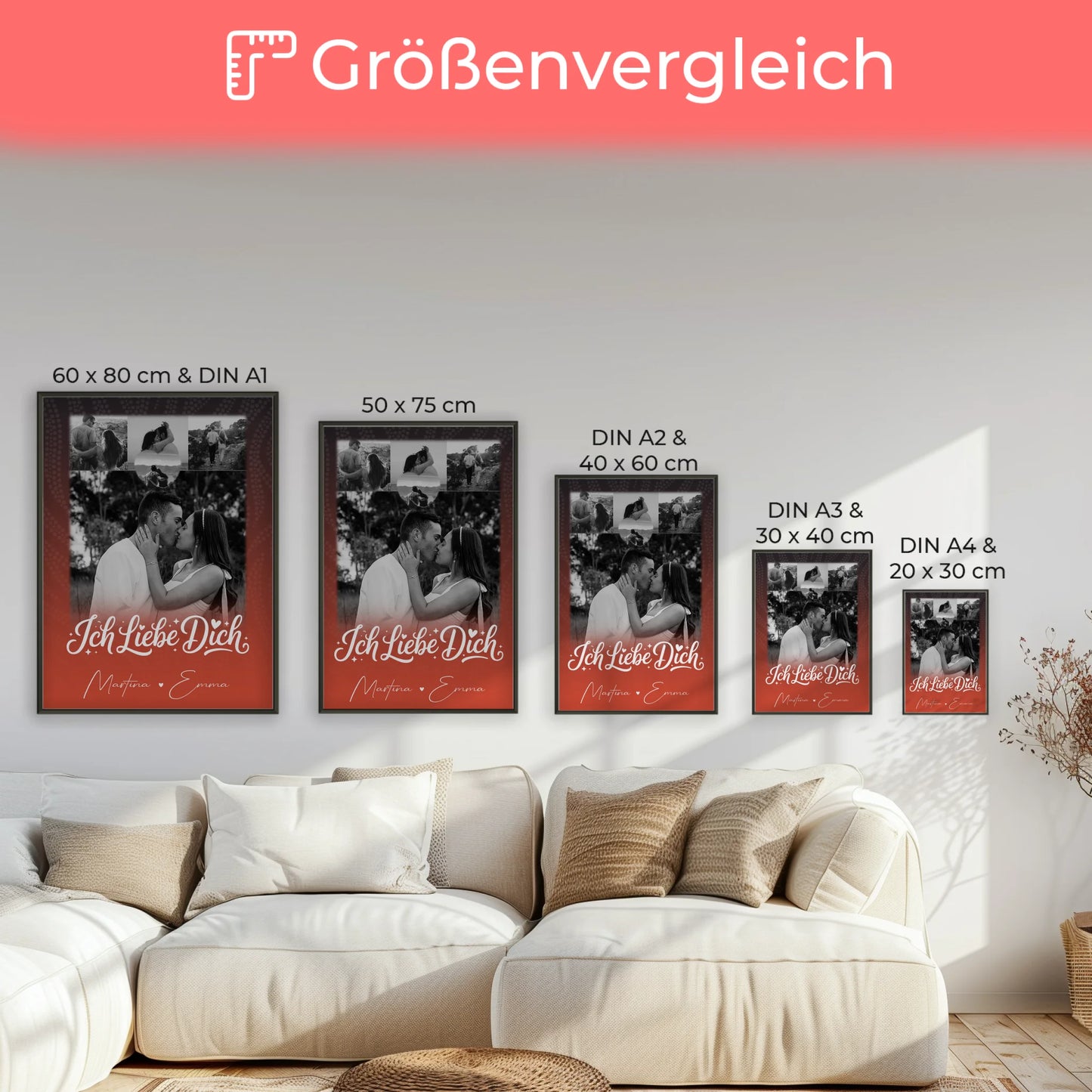 Pärchen Poster Personalisiert Te Amo mit 4 Fotos und 1 Kleines Herz Foto als Geschenk