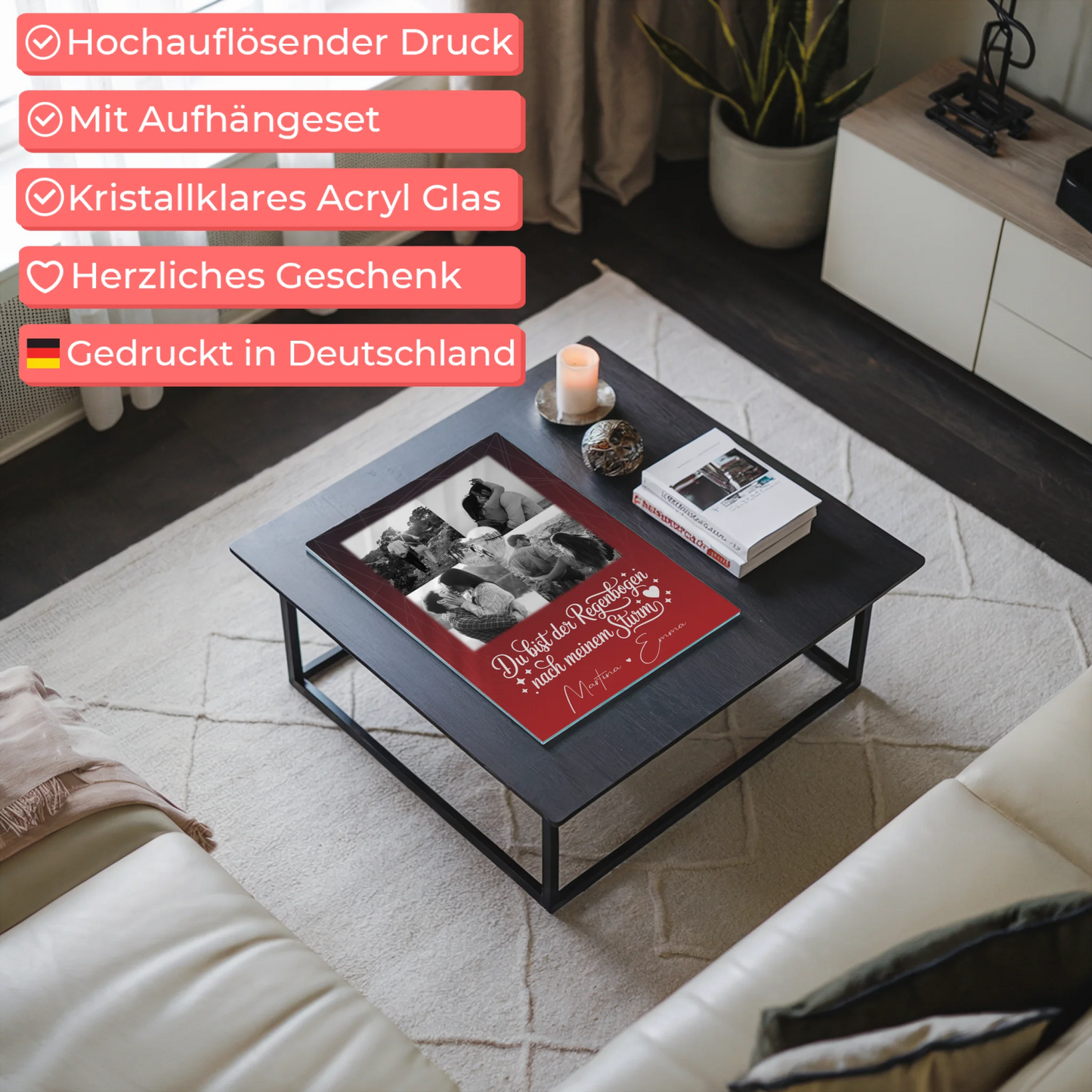 Personalisierte Foto Acrylglas Wanddekoration mit 4 Fotos und Herzmotiv Ti amo Liebe auf Italienisch