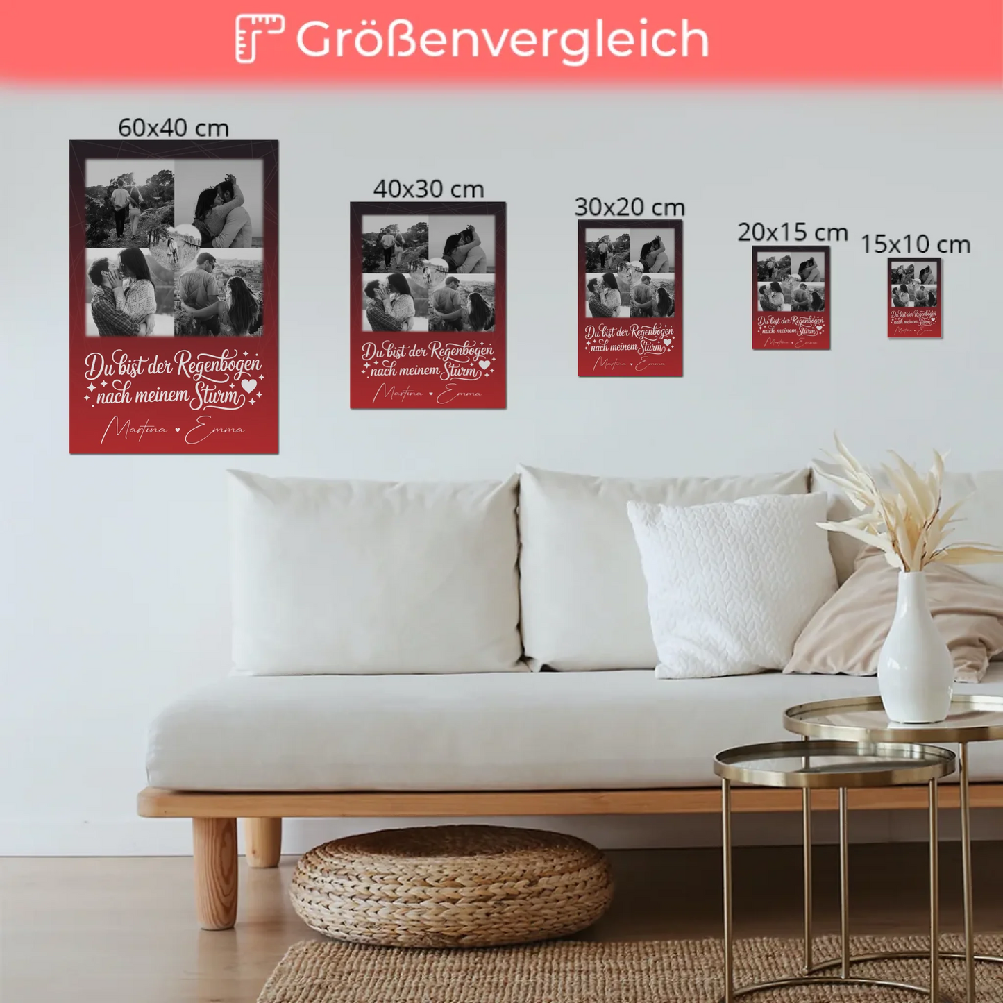 Personalisierte Fotoboard Magnet Wandbild mit 4 Fotos und 1 Herz Foto Ti amo Liebe auf Italienisch
