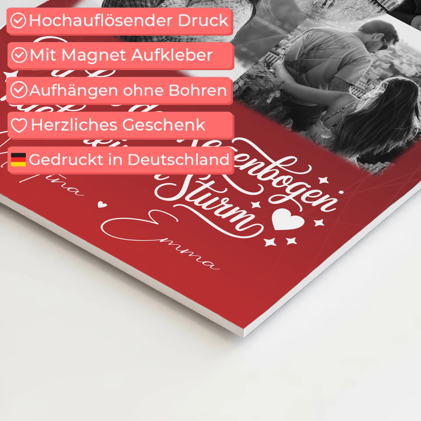 Personalisierte Fotoboard Magnet Wandbild mit 4 Fotos und 1 Herz Foto Ti amo Liebe auf Italienisch