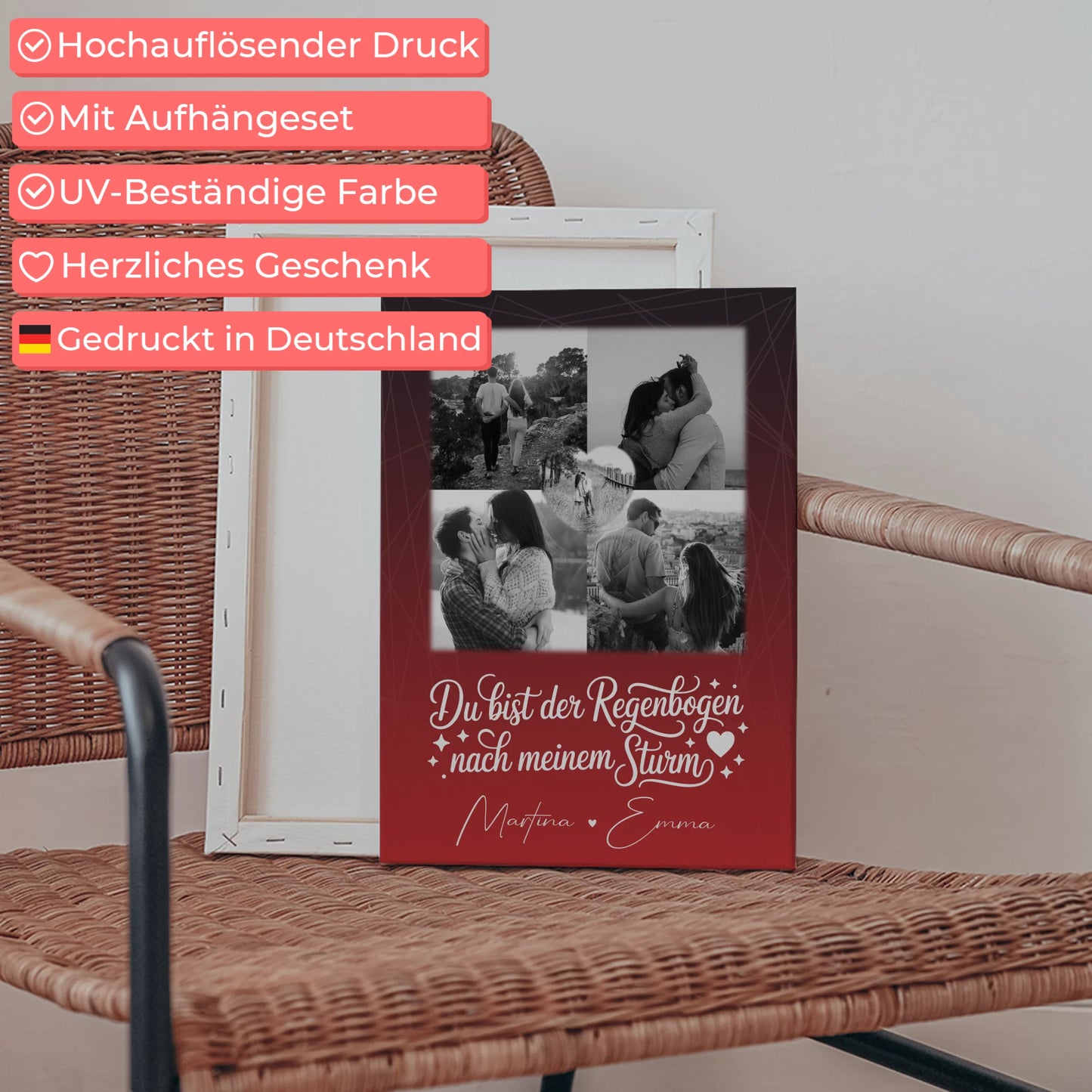 Personalisierte Leinwand Paare mit 4 Fotos und Herz Foto Ti amo Liebe auf Italienisch