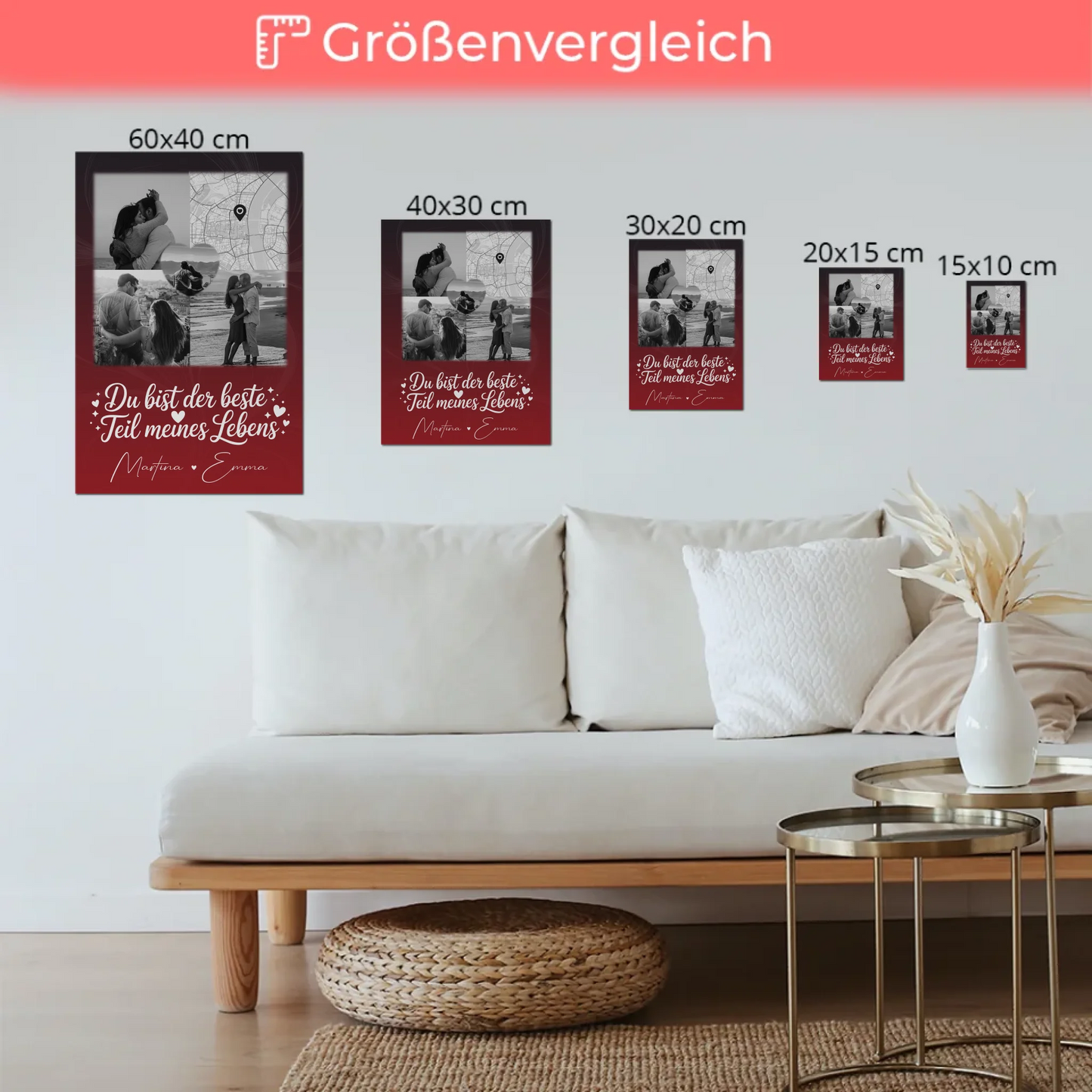 Magnetposter Fotoboard mit 3 Fotos und Herz Foto Karte Real Love Storys Never End