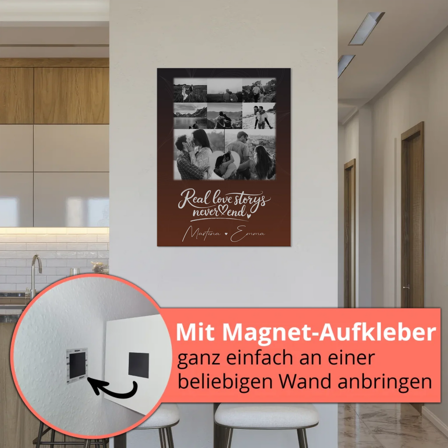 Personalisiertes Fotoboard Magnet Poster mit 8 Fotos und 1 Herz Foto Together