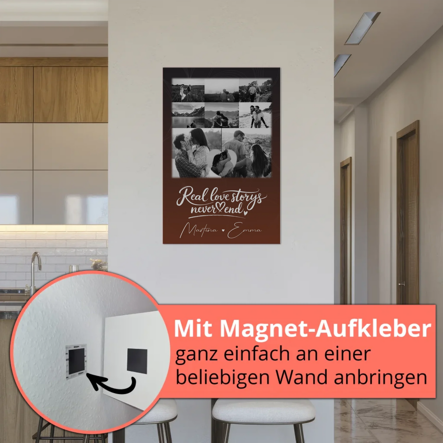 Personalisiertes Fotoboard Magnet Poster mit 8 Fotos und 1 Herz Foto Together
