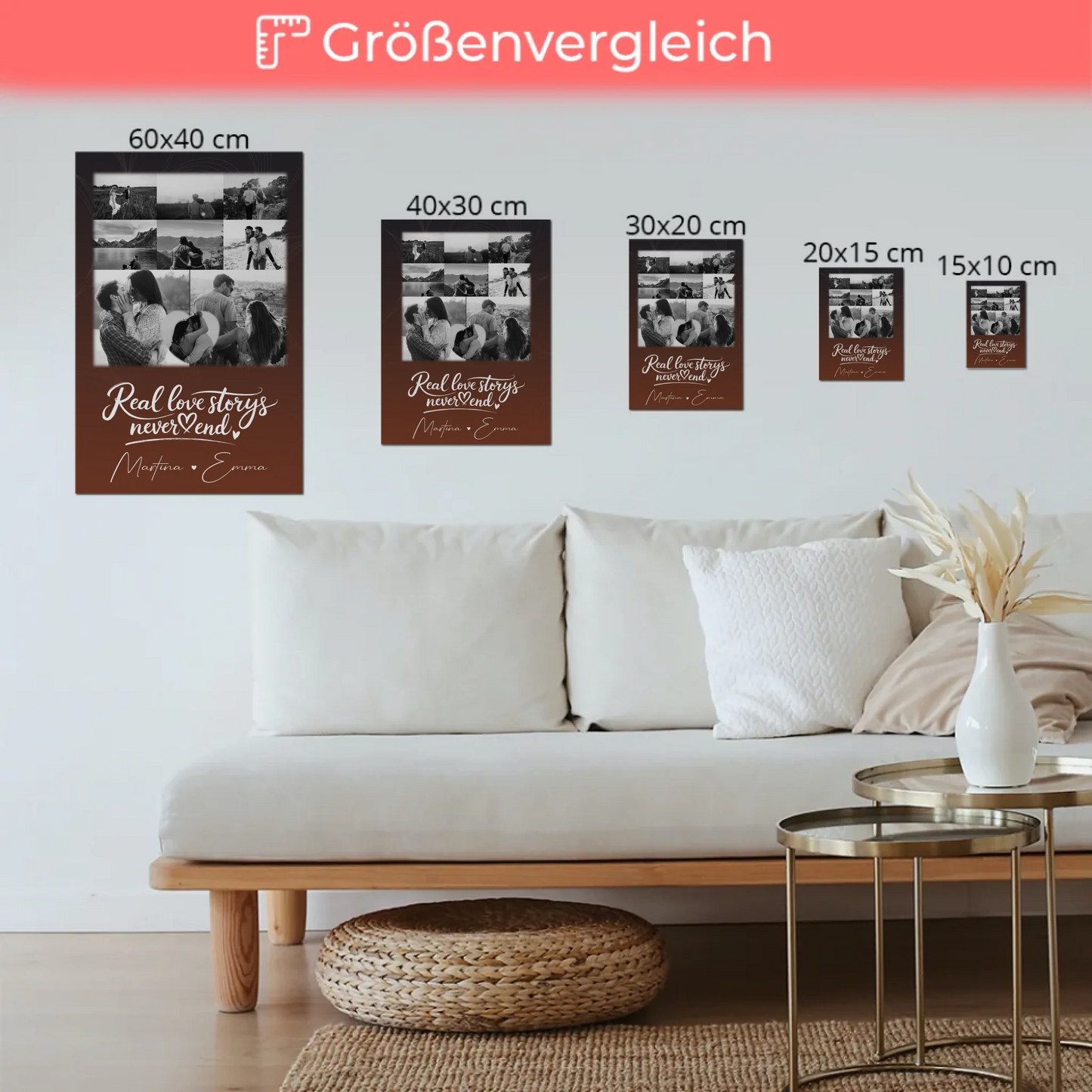 Personalisiertes Fotoboard Magnet Poster mit 8 Fotos und 1 Herz Foto Together