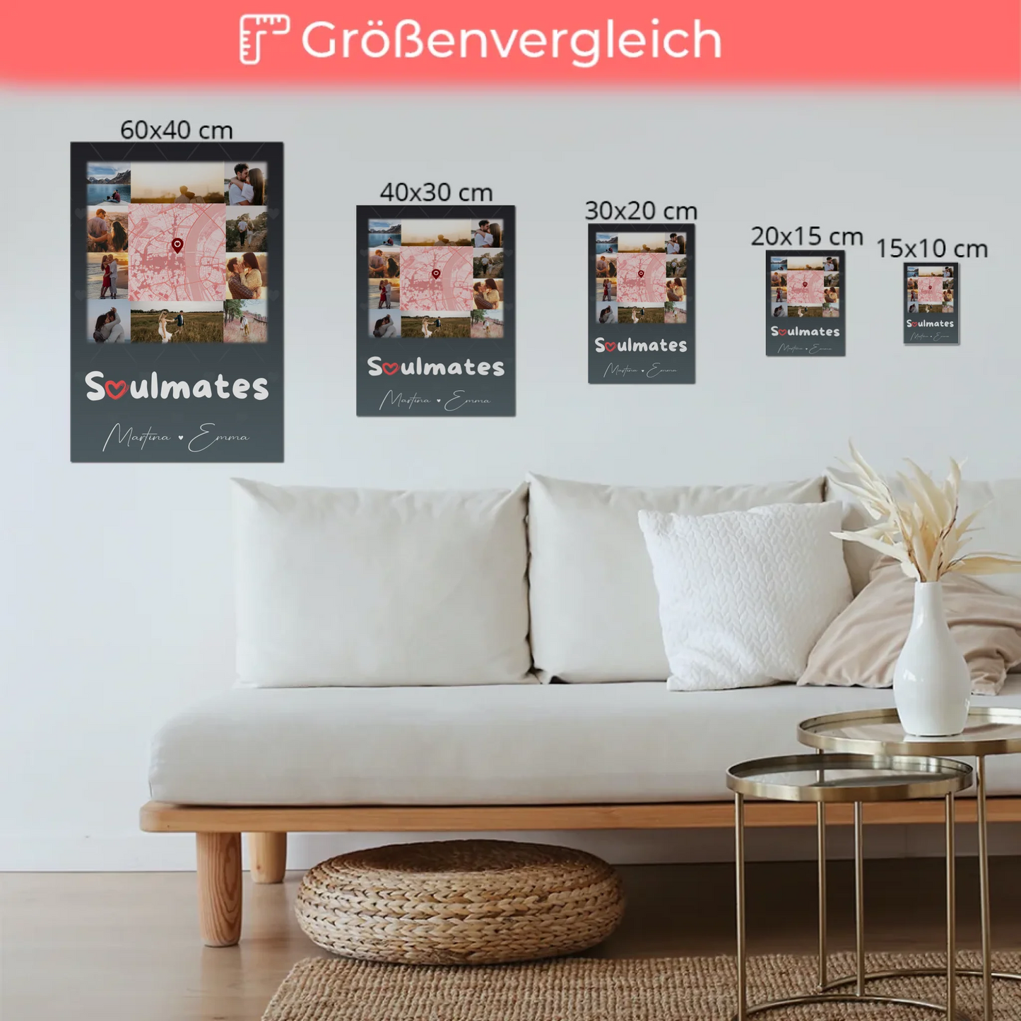 Personalisiertes Fotoboard Magnet Wandbild mit 10 Fotos und Karte in der Mitte Collect Beautiful Moments