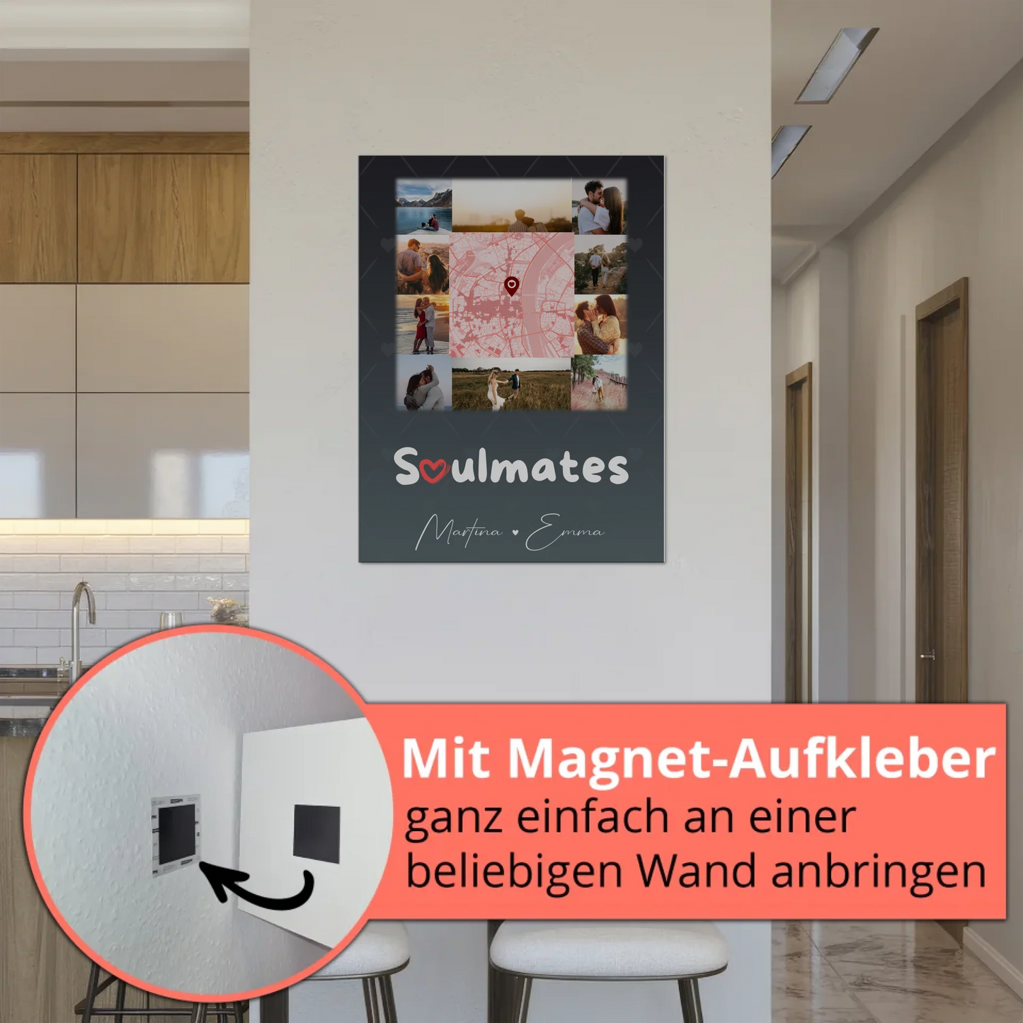 Personalisiertes Fotoboard Magnet Wandbild mit 10 Fotos und Karte in der Mitte Collect Beautiful Moments