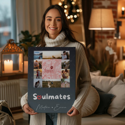 Leinwandbild Paar mit 10 Fotos und Karte in der Mitte Collect Beautiful Moments personalisiertes Geschenk