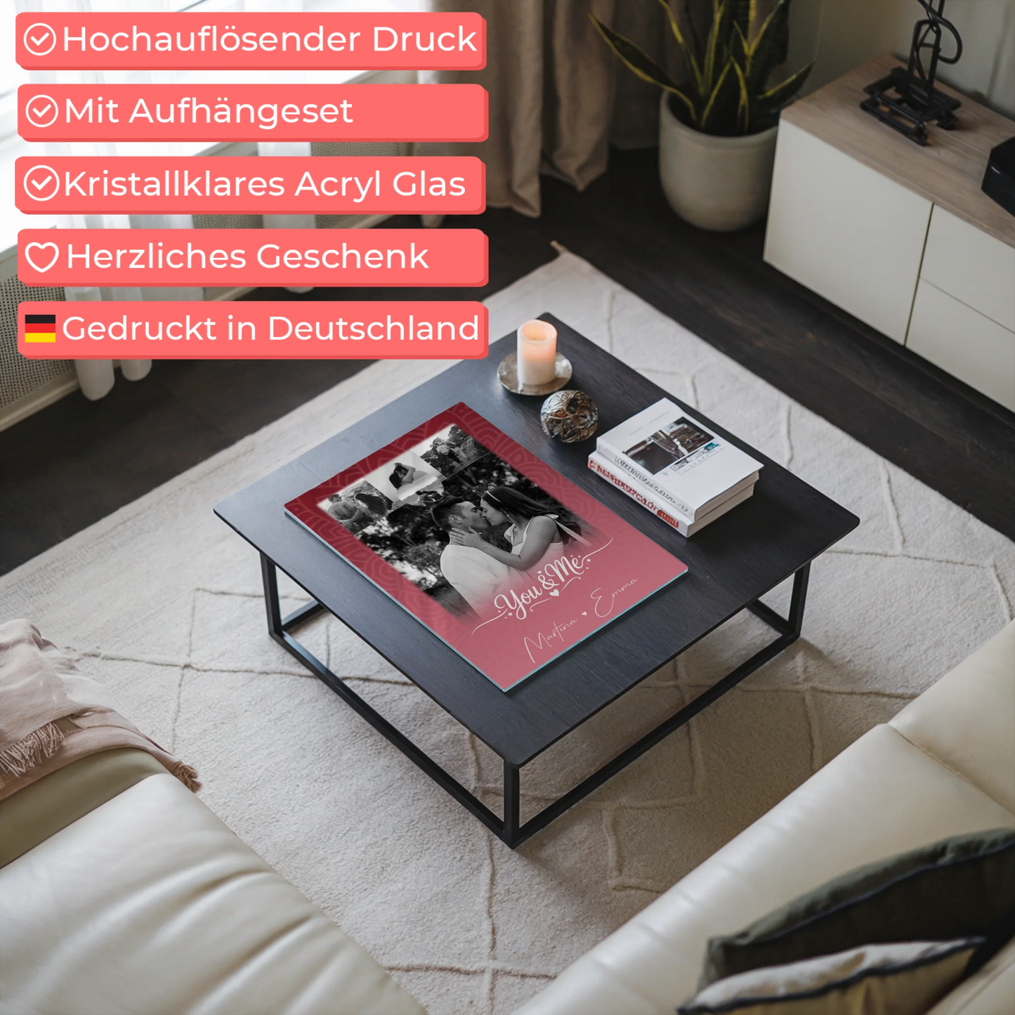 Personalisierte Foto Acrylglas Wanddekoration mit 4 Fotos und Herz Motiv You and Me The Perfect We