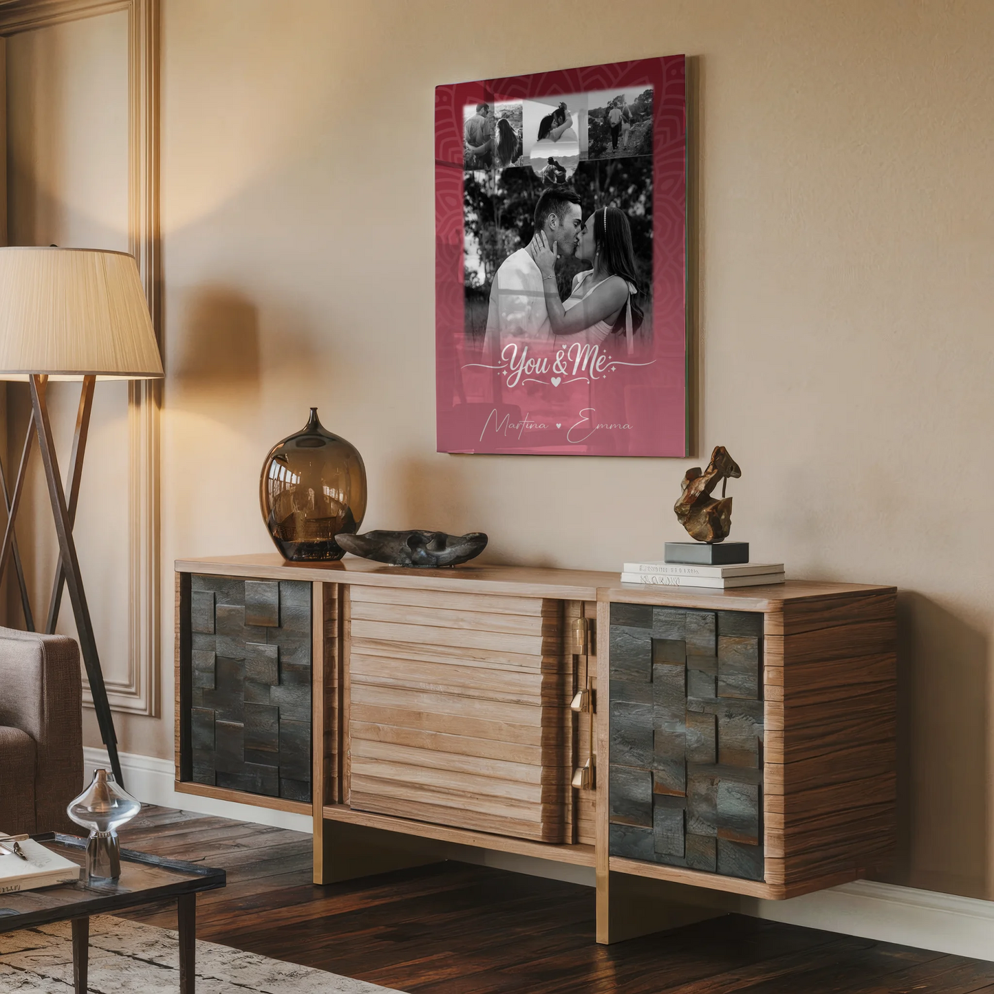 Personalisierte Foto Acrylglas Wanddekoration mit 4 Fotos und Herz Motiv You and Me The Perfect We