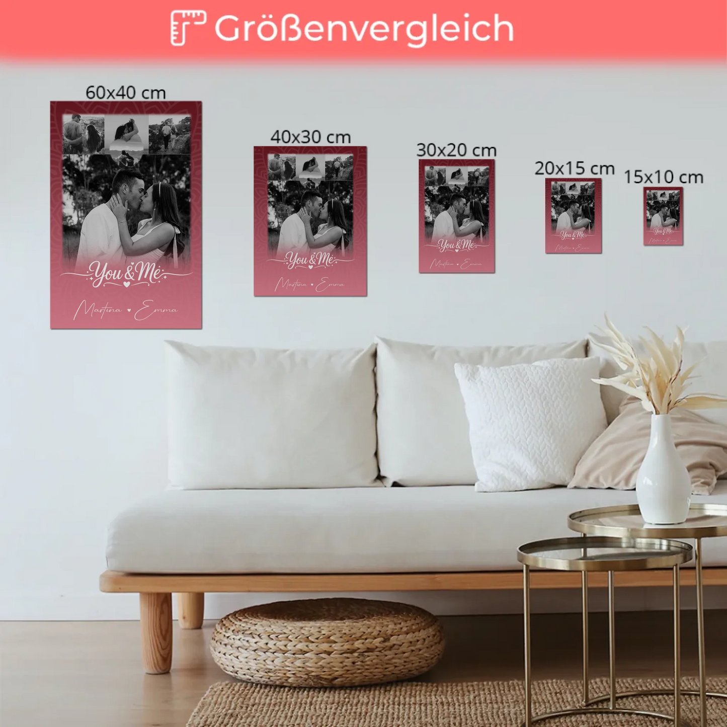 Fotoboard Magnet Poster mit 4 Fotos und Herz Personalisiert You and Me The Perfect We