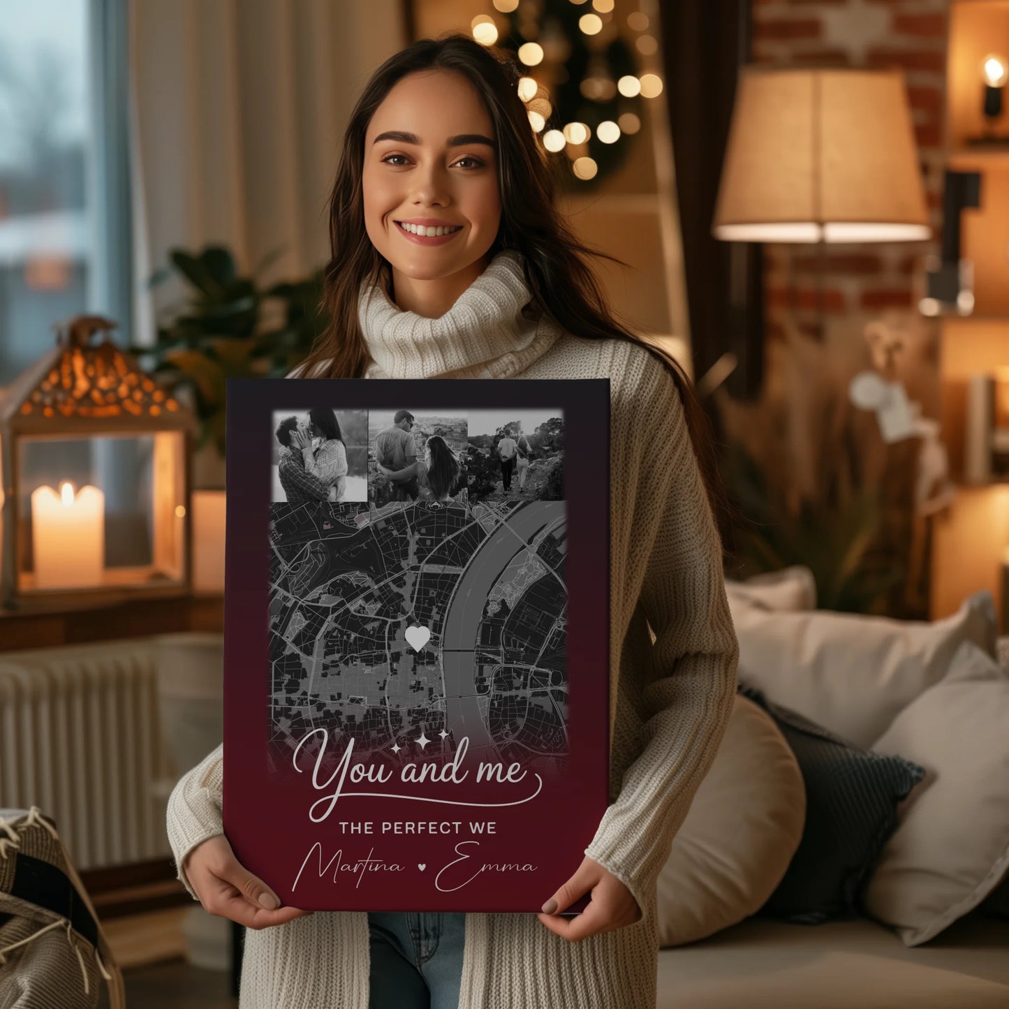 Personalisierte Leinwand Paare mit 4 Fotos und Karte Our Love Has No Limits No End