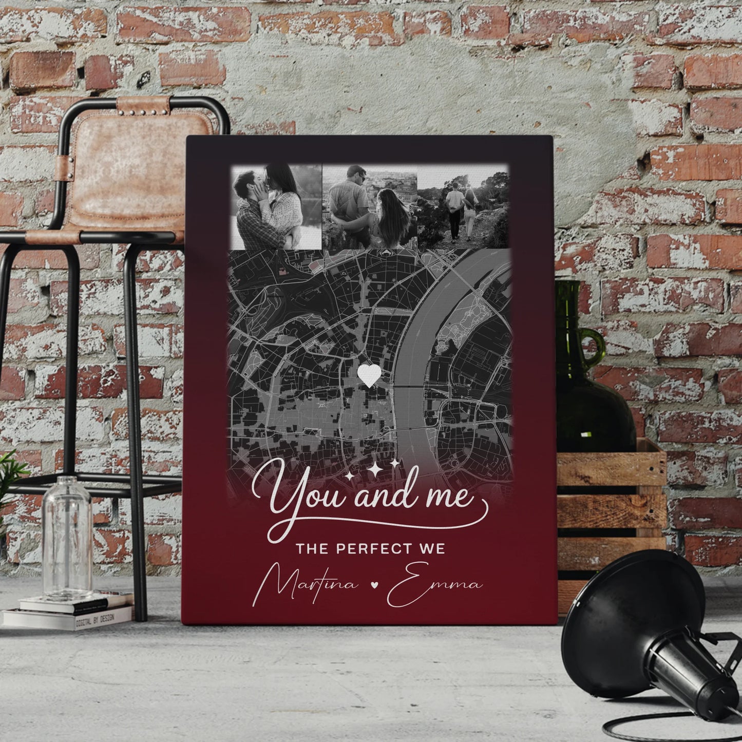 Personalisierte Leinwand Paare mit 4 Fotos und Karte Our Love Has No Limits No End