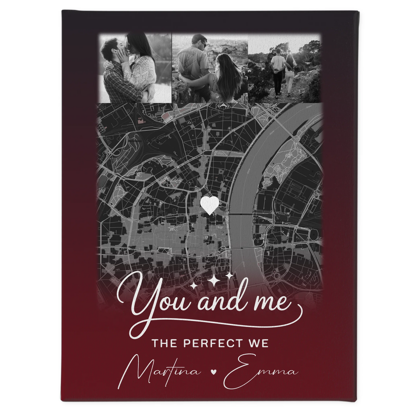 Personalisierte Leinwand Paare mit 4 Fotos und Karte Our Love Has No Limits No End