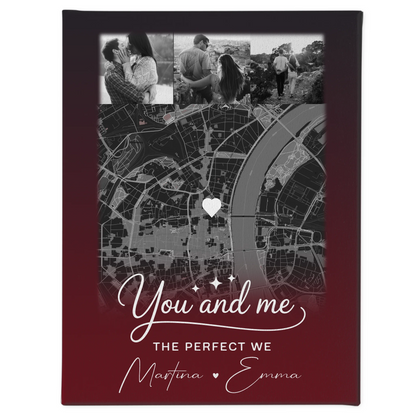 Personalisierte Leinwand Paare mit 4 Fotos und Karte Our Love Has No Limits No End