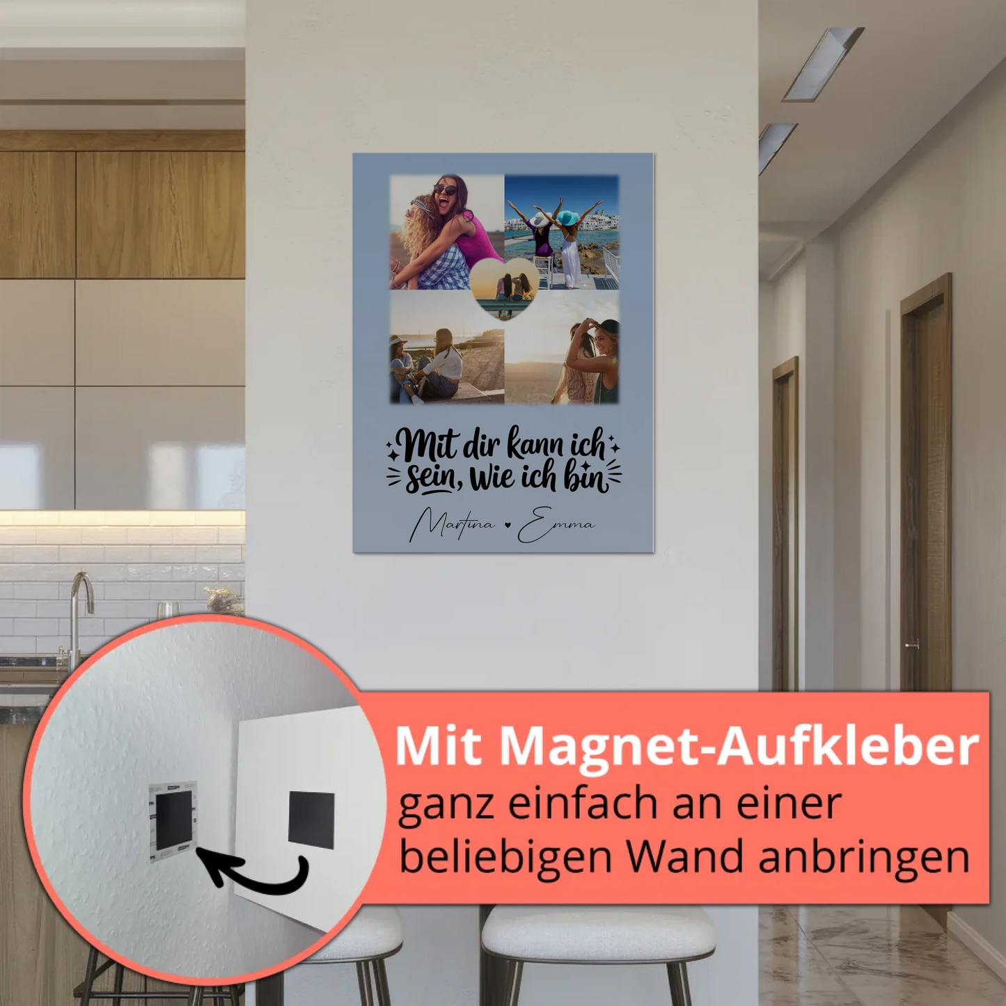 Personalisierte Fotoboard Magnet Wandbild mit 4 Fotos und 1 Herz Foto Mit dir kann ich sein wie ich bin