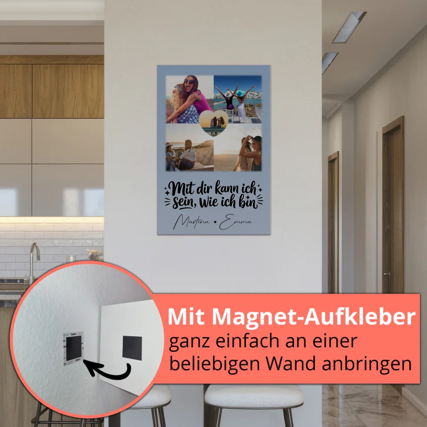 Personalisierte Fotoboard Magnet Wandbild mit 4 Fotos und 1 Herz Foto Mit dir kann ich sein wie ich bin