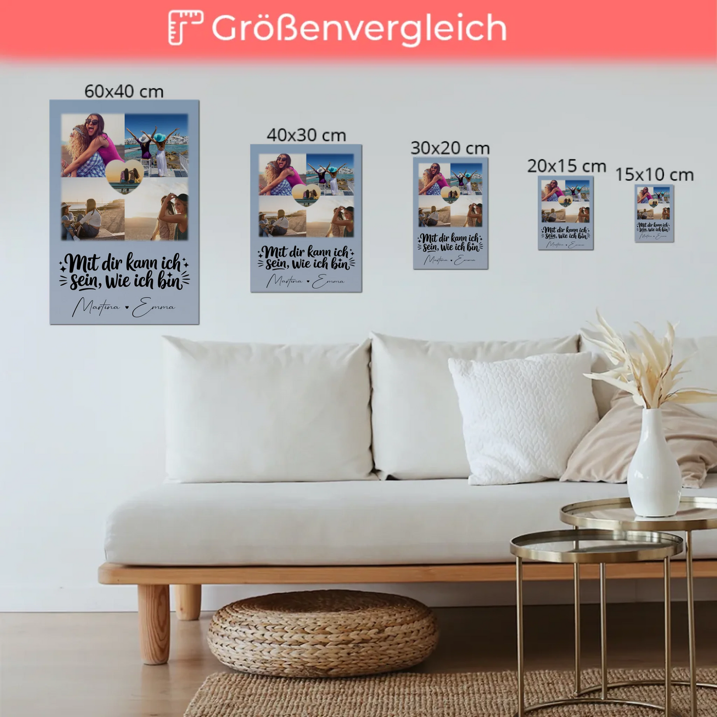 Personalisierte Fotoboard Magnet Wandbild mit 4 Fotos und 1 Herz Foto Mit dir kann ich sein wie ich bin