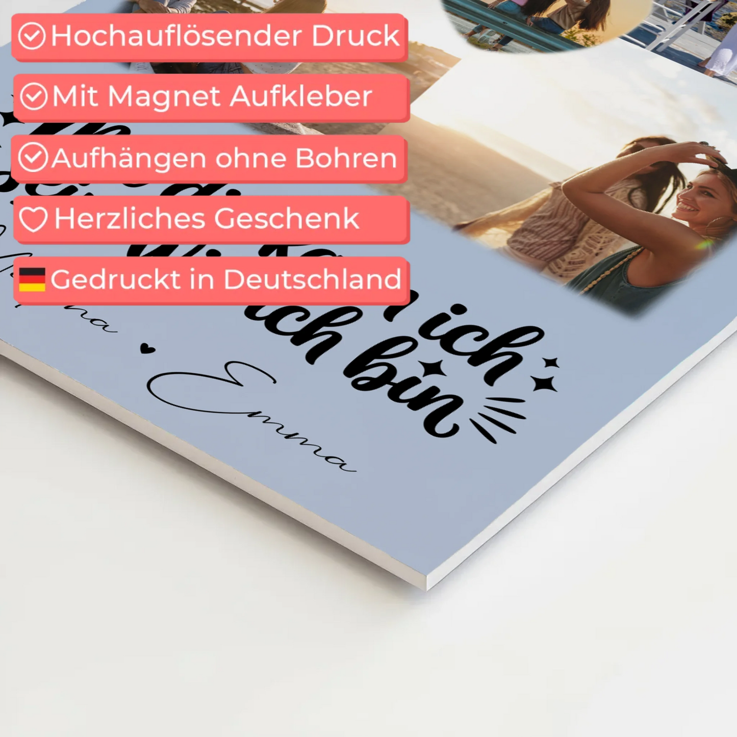 Personalisierte Fotoboard Magnet Wandbild mit 4 Fotos und 1 Herz Foto Mit dir kann ich sein wie ich bin
