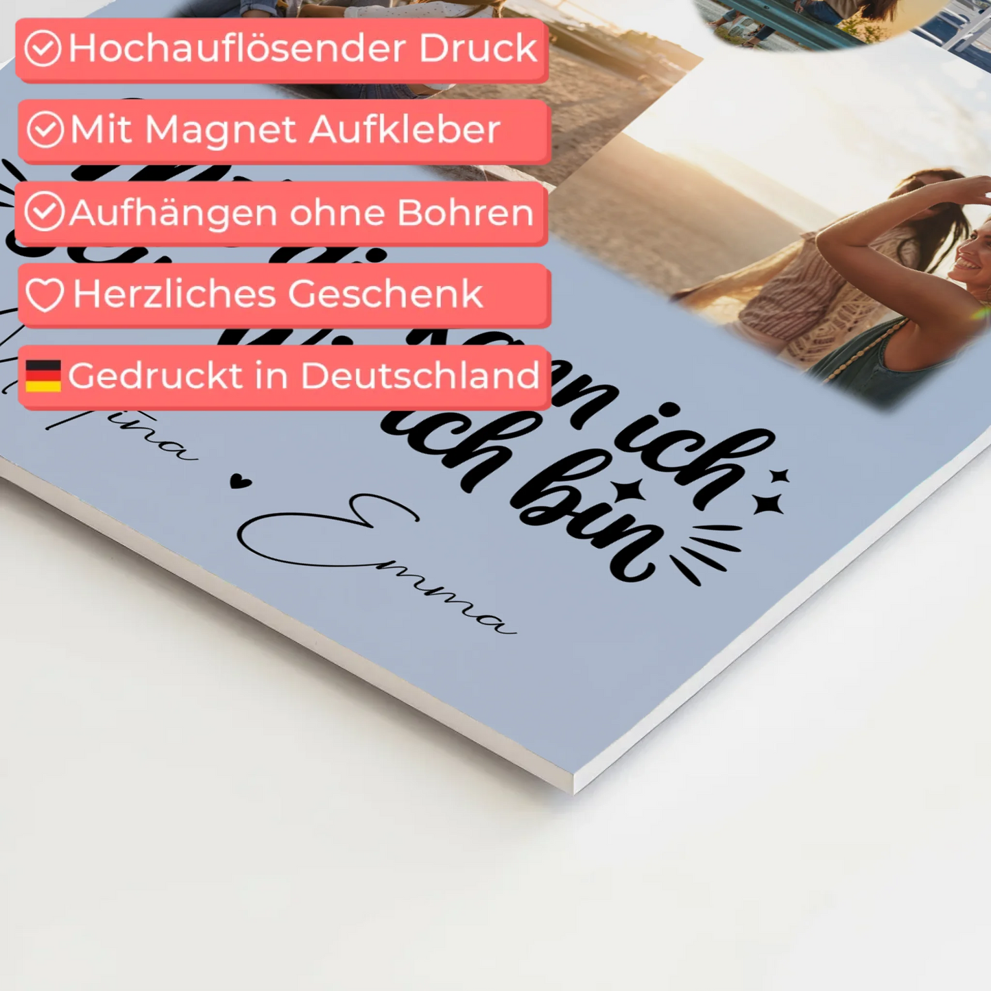 Personalisierte Fotoboard Magnet Wandbild mit 4 Fotos und 1 Herz Foto Mit dir kann ich sein wie ich bin