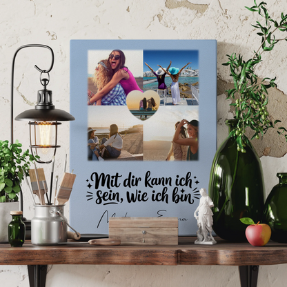 Personalisierte Leinwand Schwester mit 4 Fotos und Herz Foto Mit dir kann ich sein wie ich bin