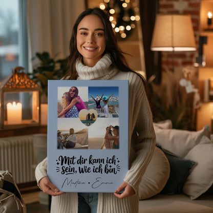 Personalisierte Leinwand Schwester mit 4 Fotos und Herz Foto Mit dir kann ich sein wie ich bin