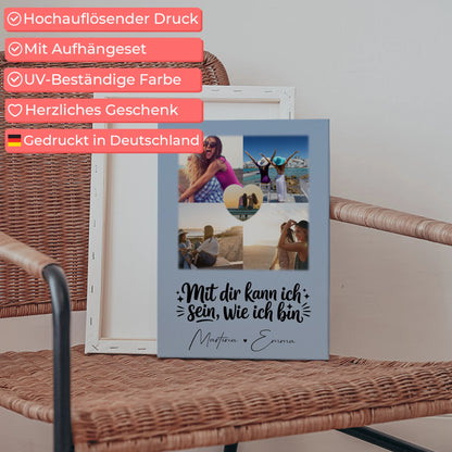 Personalisierte Leinwand Schwester mit 4 Fotos und Herz Foto Mit dir kann ich sein wie ich bin