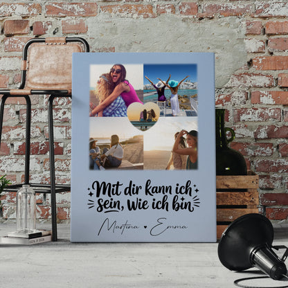 Personalisierte Leinwand Schwester mit 4 Fotos und Herz Foto Mit dir kann ich sein wie ich bin