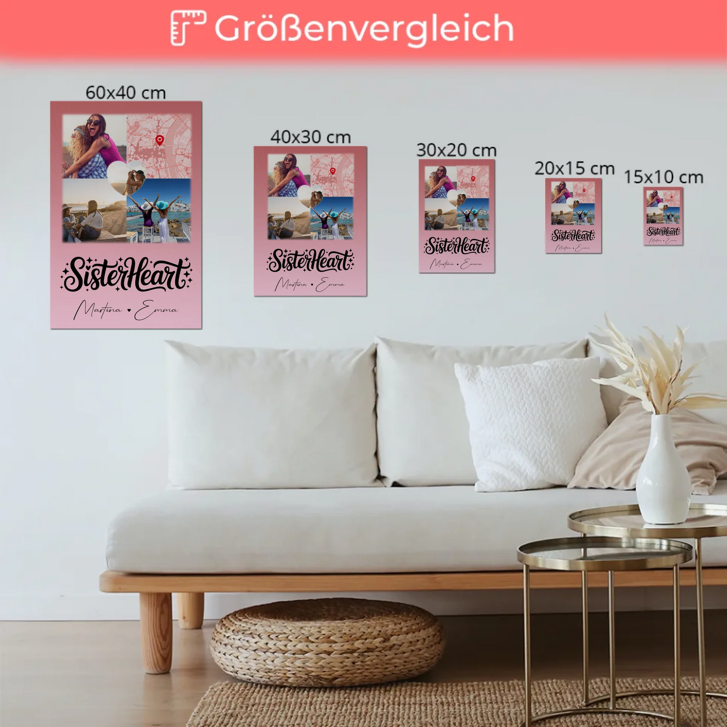Personalisierte Fotoboard Poster Magnetisch mit 3 Fotos Herz Foto Karte Sisterheart Geschenk