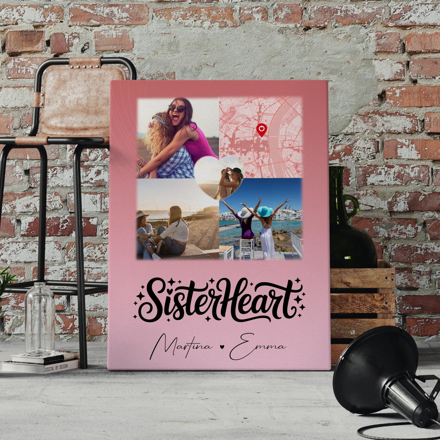 Personalisierte Schwester Leinwand mit 3 Fotos und Herz Foto Karte Sisterheart Geschenk