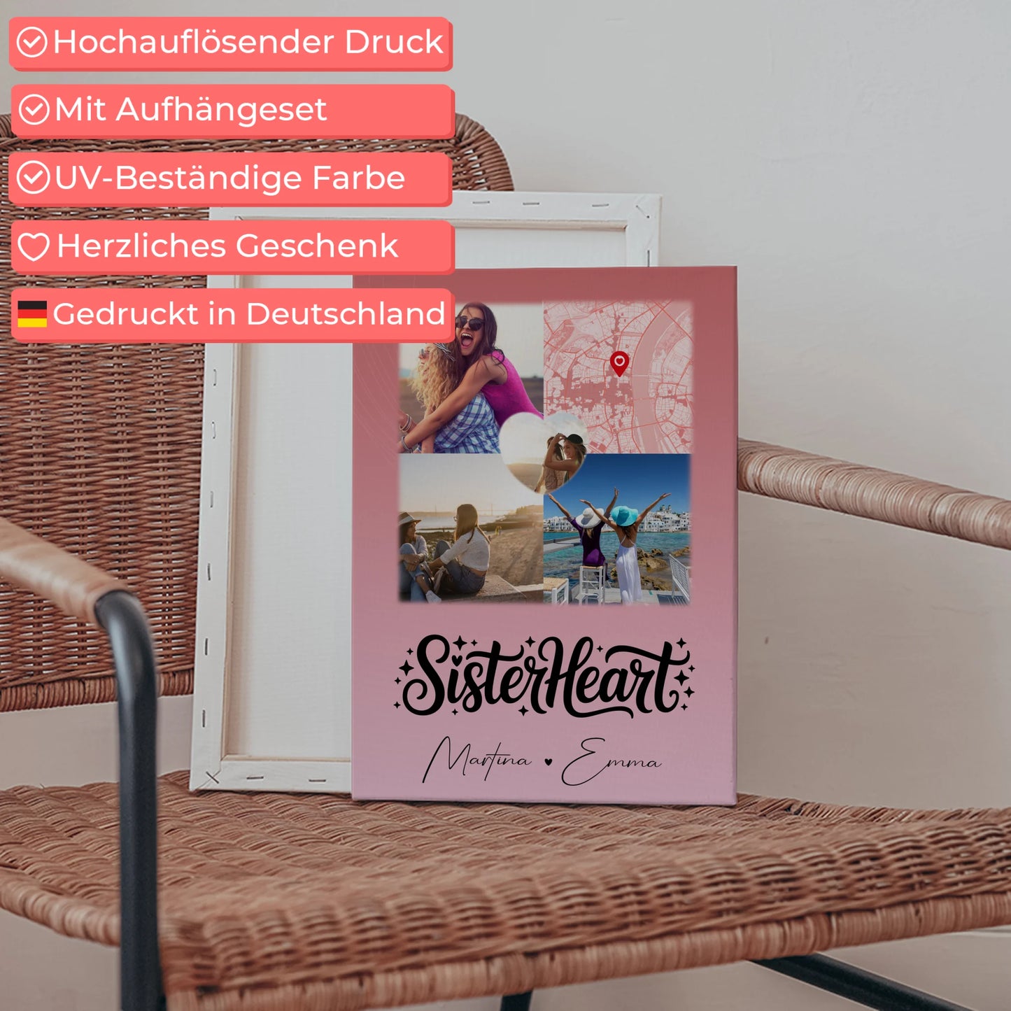 Personalisierte Schwester Leinwand mit 3 Fotos und Herz Foto Karte Sisterheart Geschenk