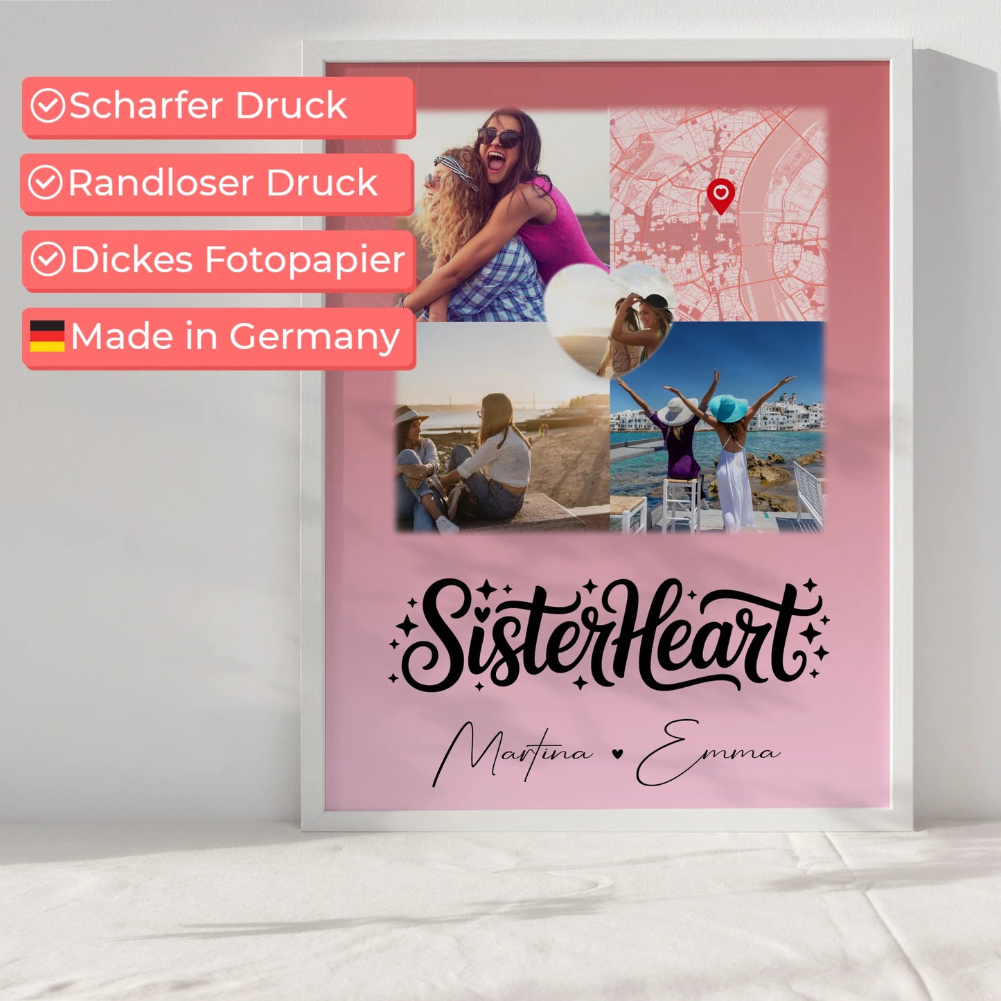 Geschwister Poster Personalisiert mit 3 Fotos und 1 Herz Foto Karte Sisterheart Geschenk
