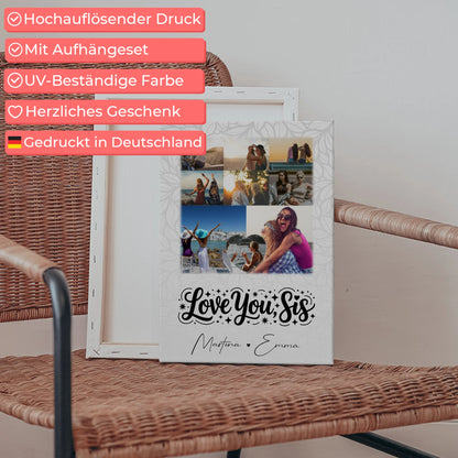Schwester Leinwand mit 8 Fotos und Herz Foto Love you sis personalisiertes Geschenk