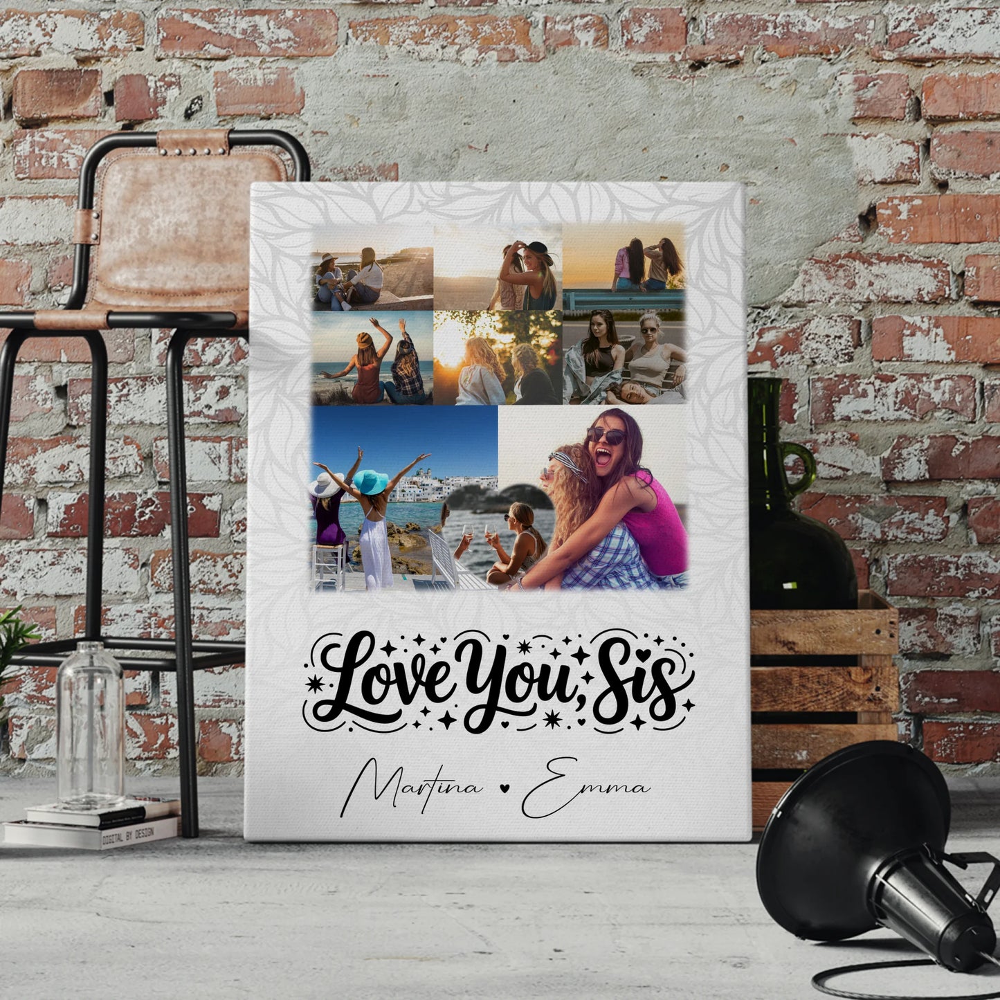 Schwester Leinwand mit 8 Fotos und Herz Foto Love you sis personalisiertes Geschenk