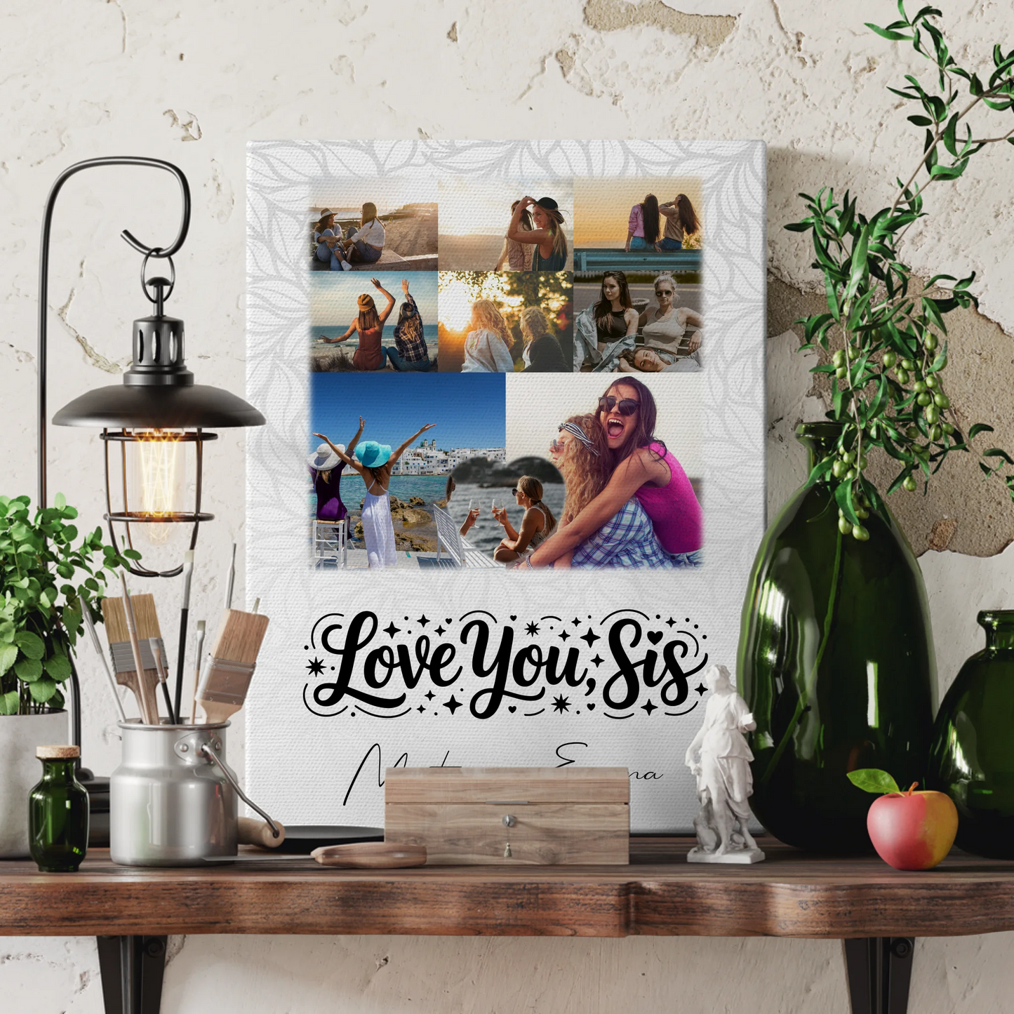 Schwester Leinwand mit 8 Fotos und Herz Foto Love you sis personalisiertes Geschenk