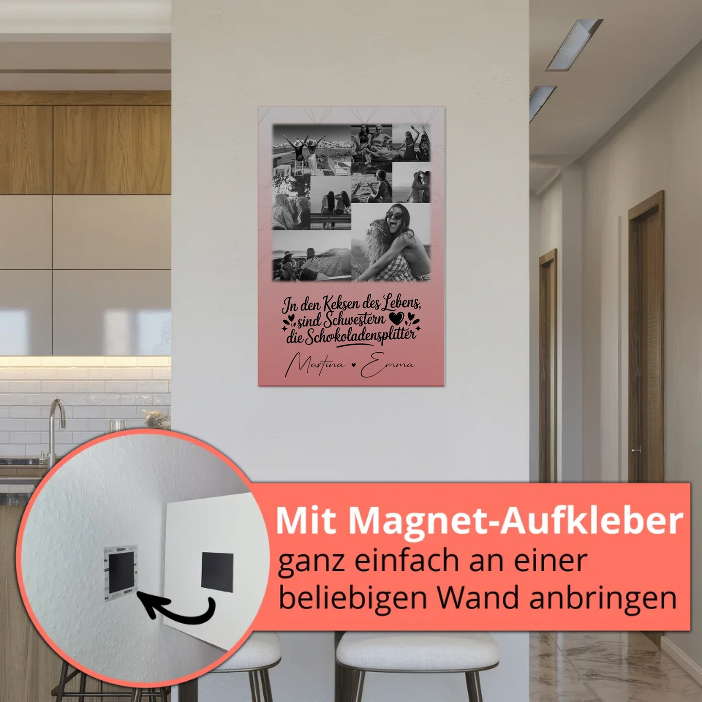 Personalisiertes Fotoboard Magnet Wandbild mit 9 Fotos Schwestern sind Schokoladensplitter