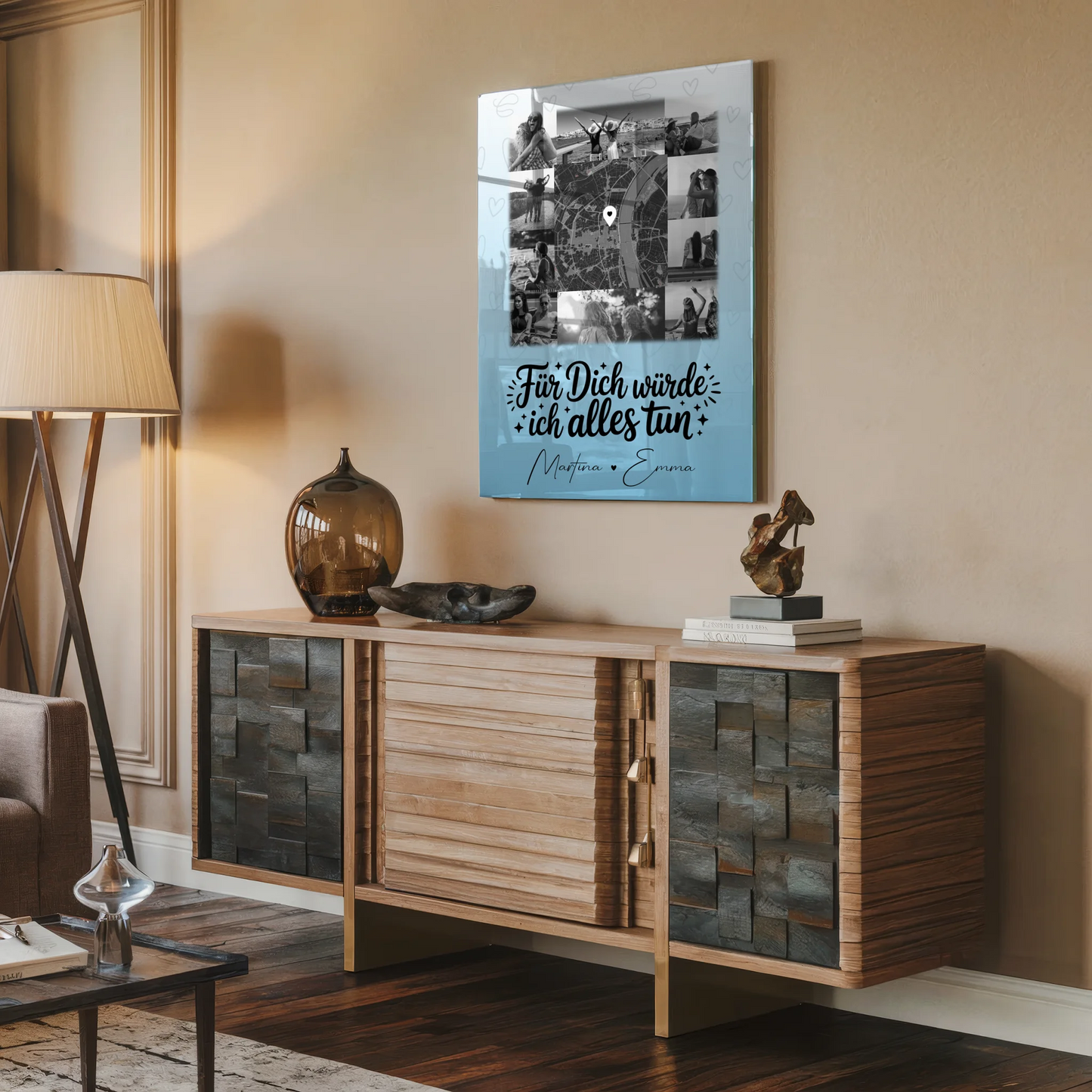 Personalisierte Foto Acrylglas Wanddeko mit 10 Fotos und Karte in der Mitte Für dich würde ich alles tun