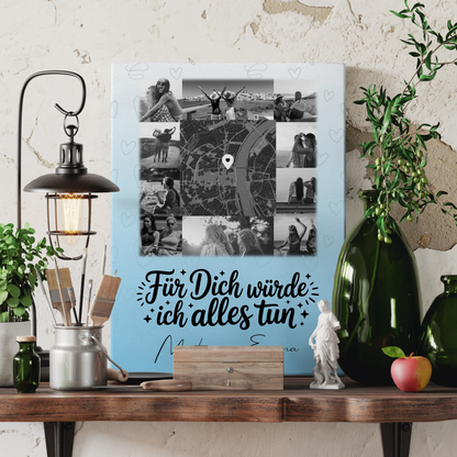 Personalisierte Leinwand Schwester mit 10 Fotos und Karte in der Mitte Für dich würde ich alles tun