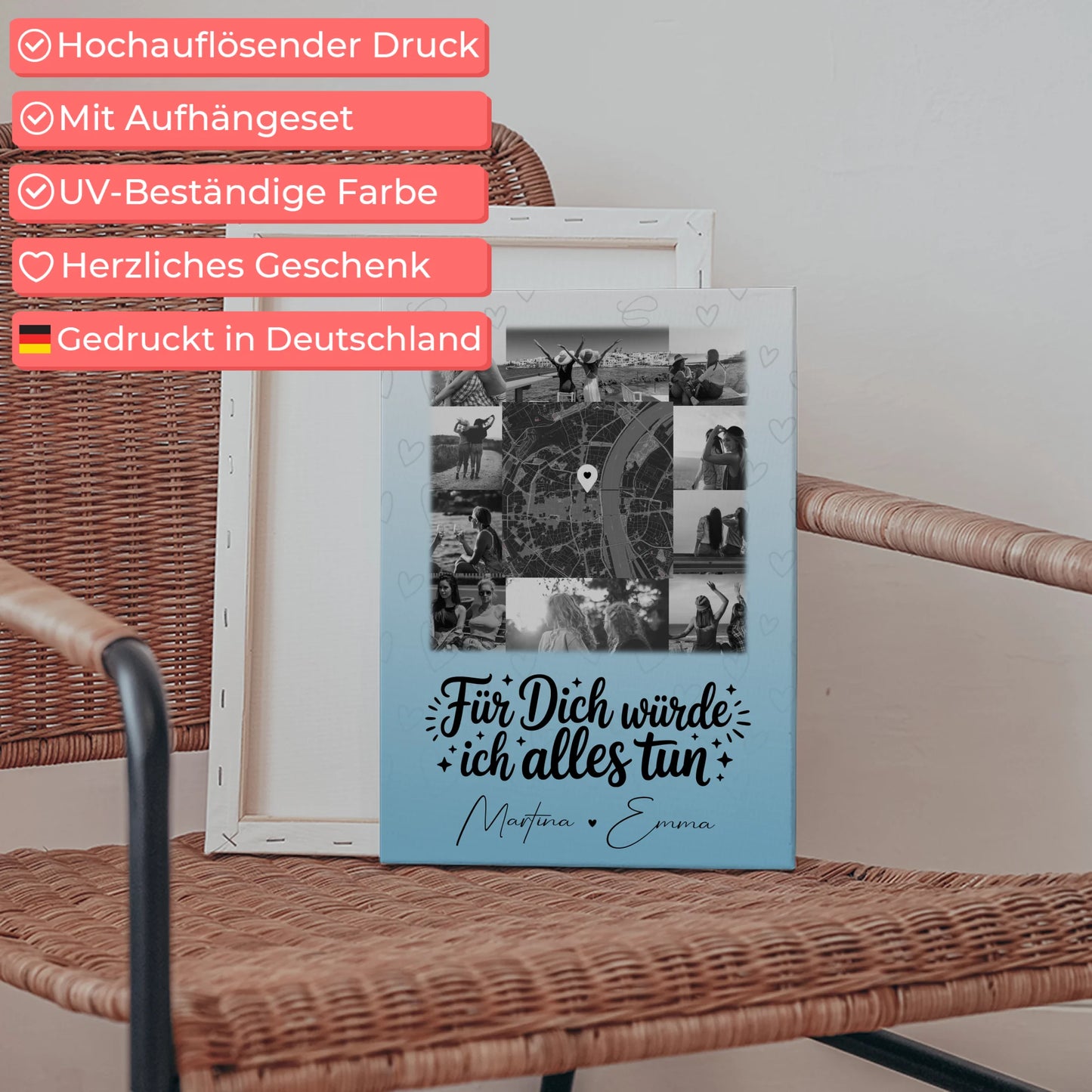 Personalisierte Leinwand Schwester mit 10 Fotos und Karte in der Mitte Für dich würde ich alles tun