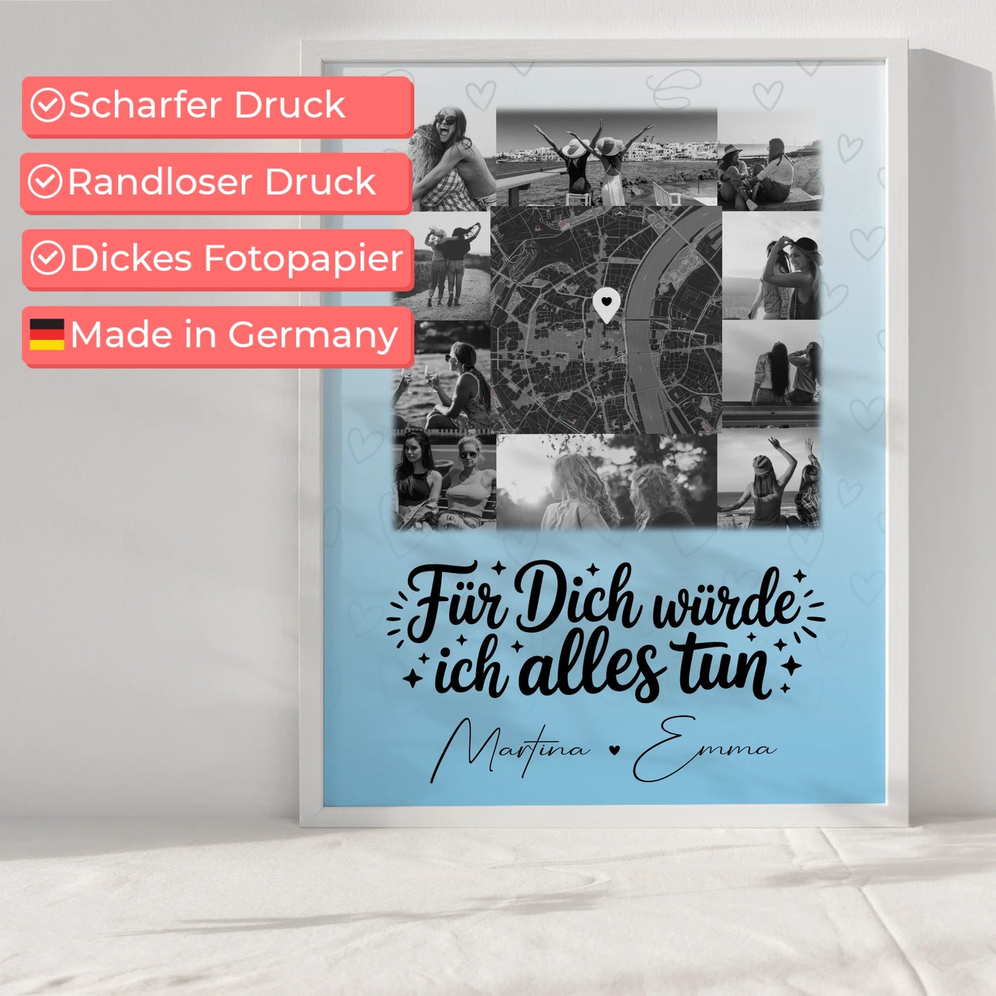 Karten Poster Personalisiert mit 10 Fotos und Karte in der Mitte Für dich würde ich alles tun