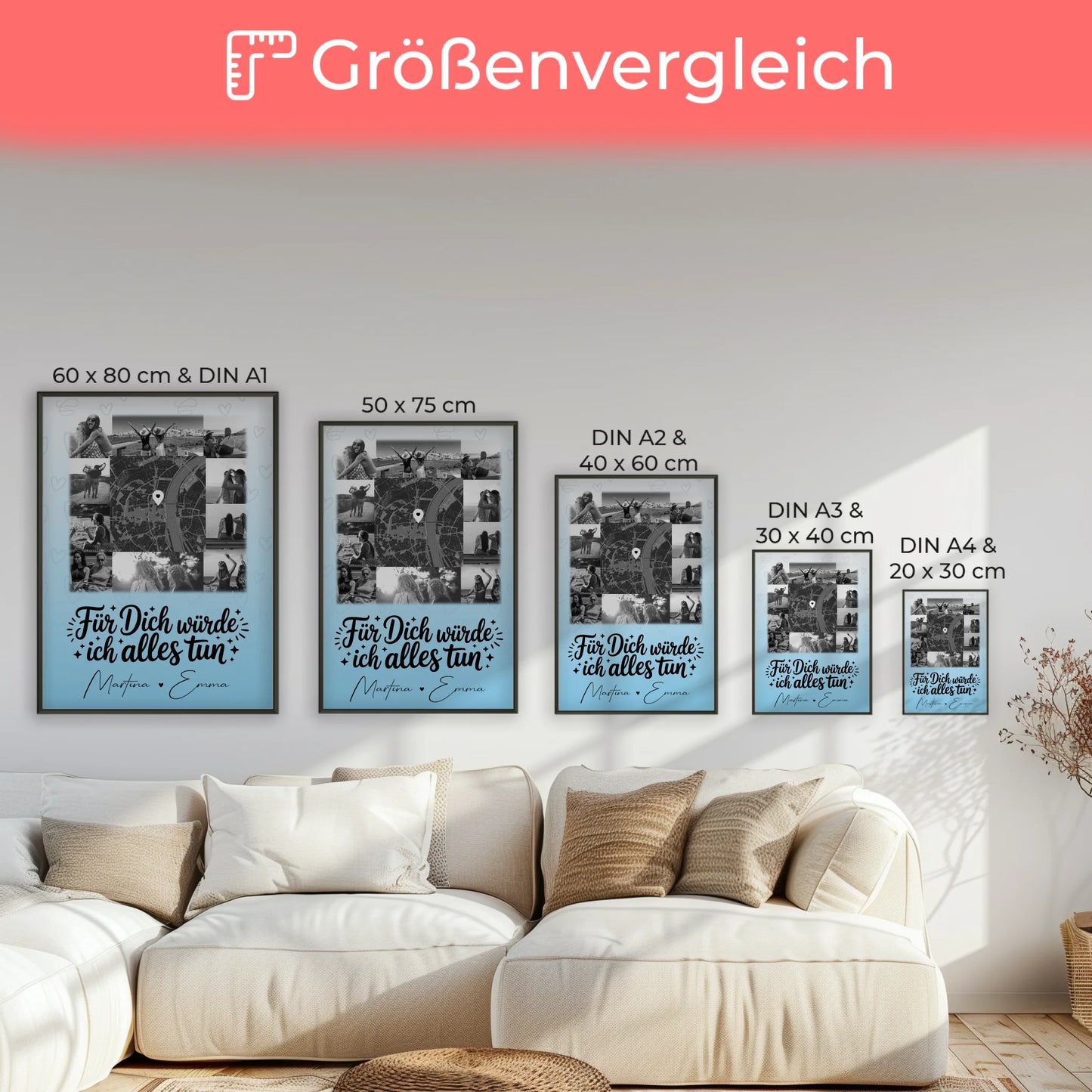 Karten Poster Personalisiert mit 10 Fotos und Karte in der Mitte Für dich würde ich alles tun