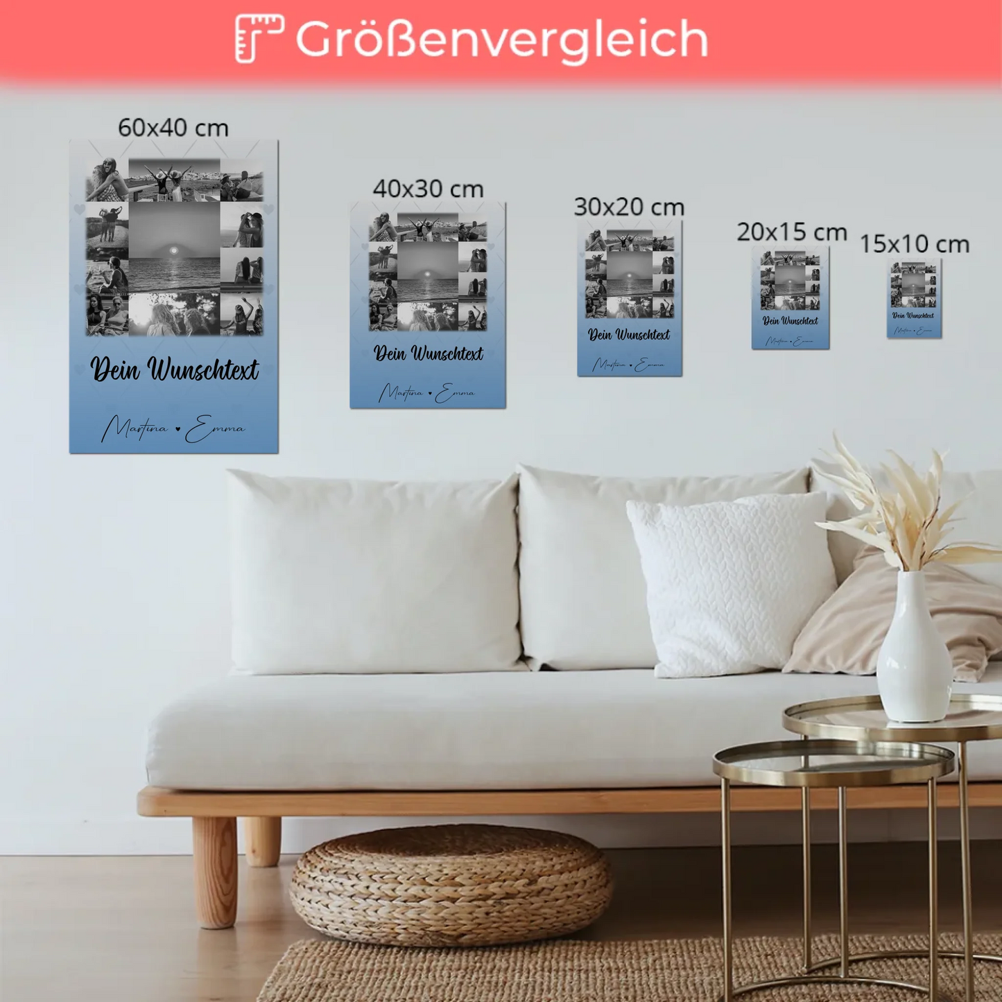 Personalisiertes Fotoboard Poster Magnetisch mit 11 Fotos und Wunschtext für individuelle Geschenke