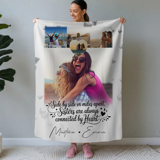 Personalisierte Decke Schwester mit 4 Fotos und kleinem Herz Side by Side 1