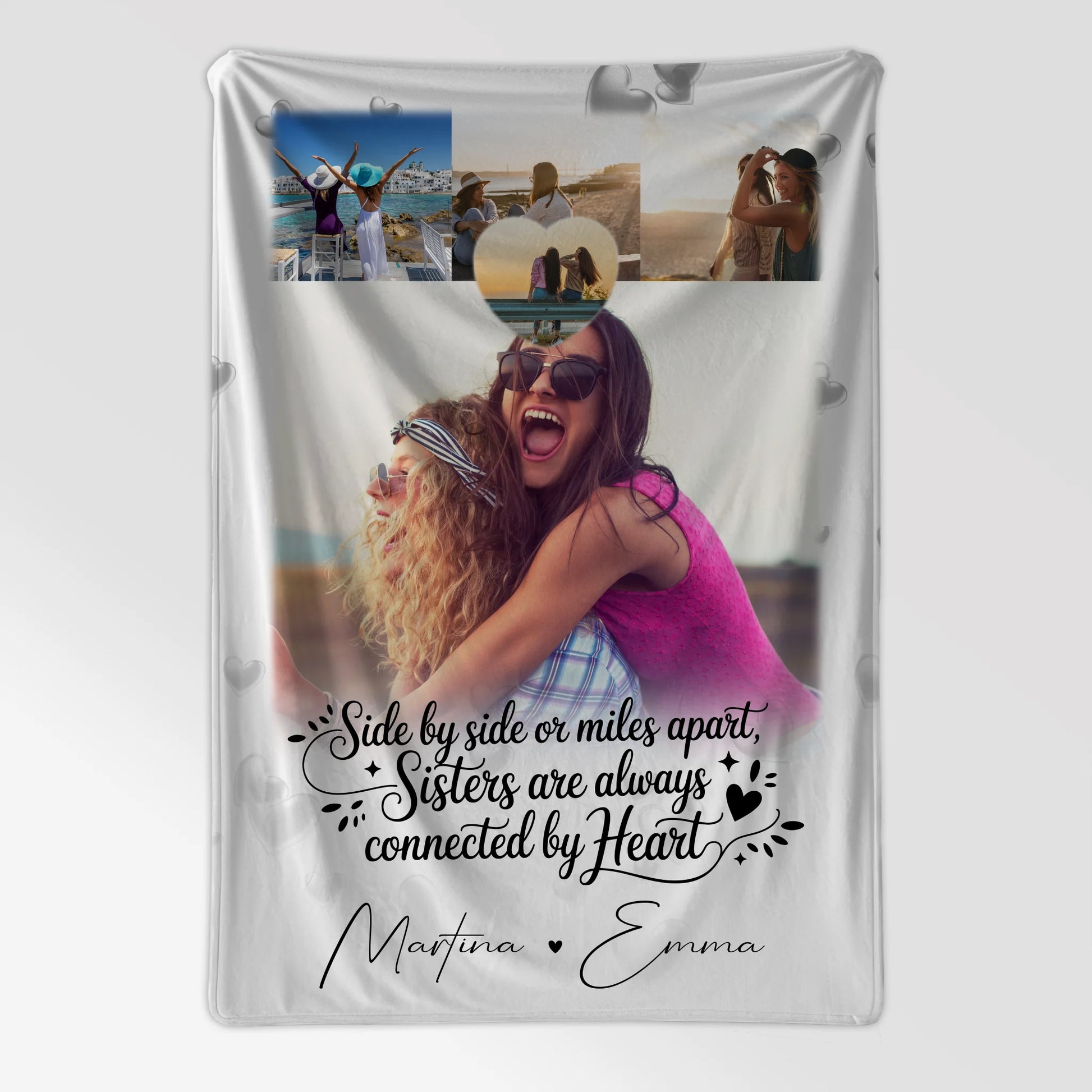 Personalisierte Decke Schwester mit 4 Fotos und kleinem Herz Side by Side 7