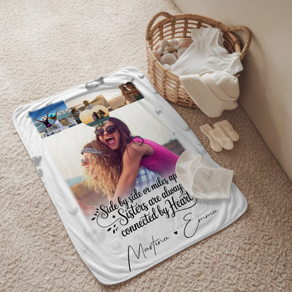 Personalisierte Decke Schwester mit 4 Fotos und kleinem Herz Side by Side 2