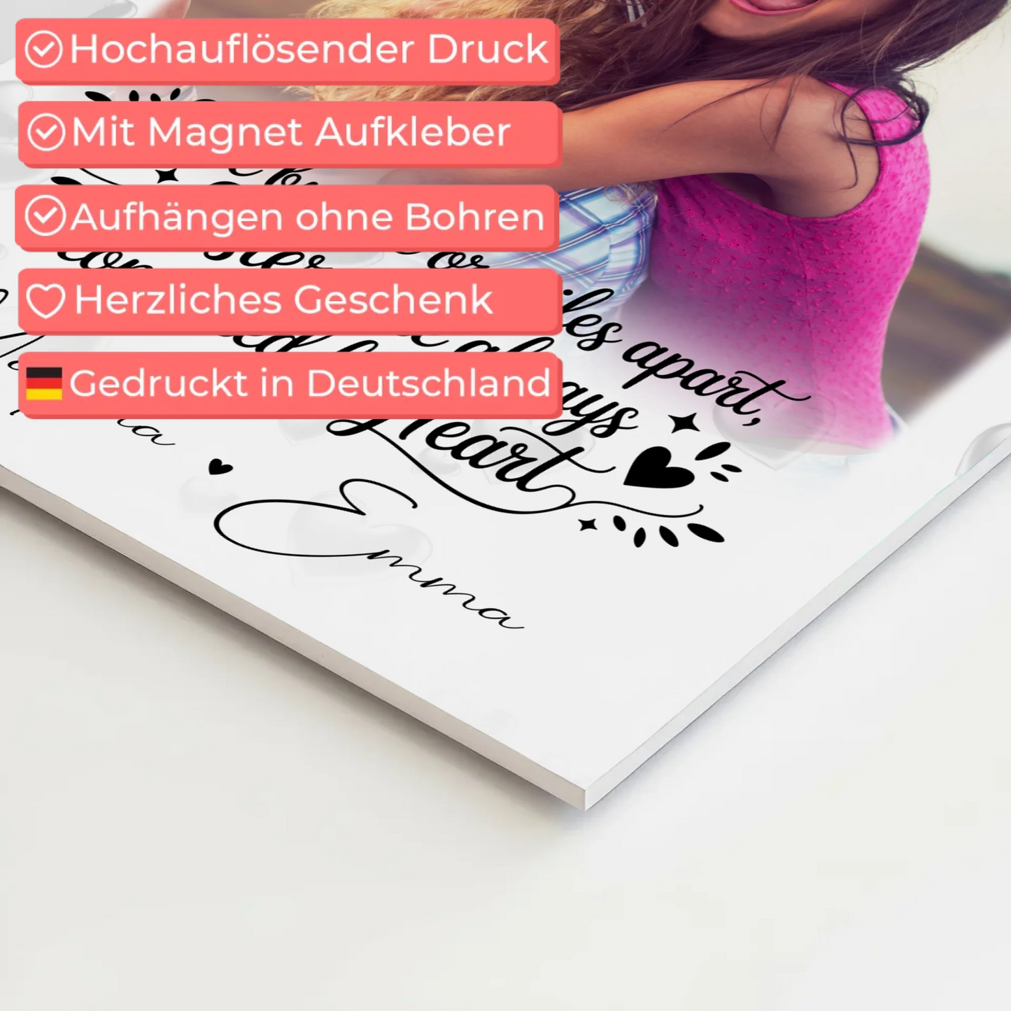 Personalisierte Fotoboard Magnet Wandbild mit 4 Fotos und Herz Side by Side