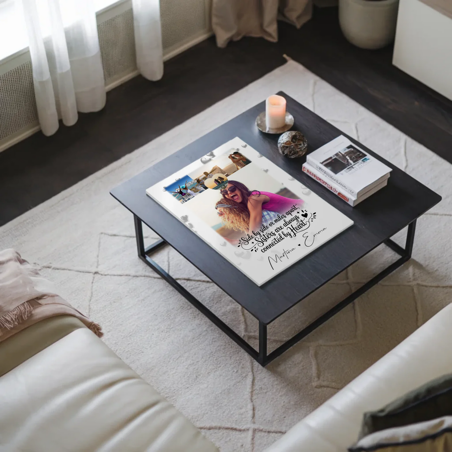 Personalisierte Fotoboard Magnet Wandbild mit 4 Fotos und Herz Side by Side