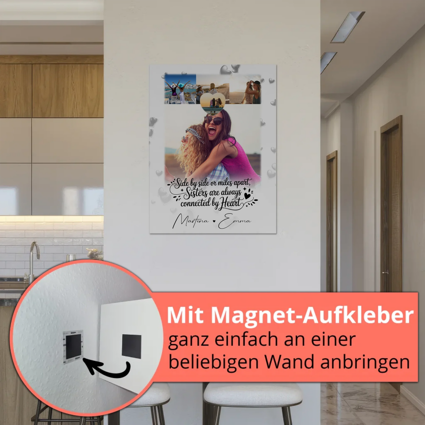 Personalisierte Fotoboard Magnet Wandbild mit 4 Fotos und Herz Side by Side