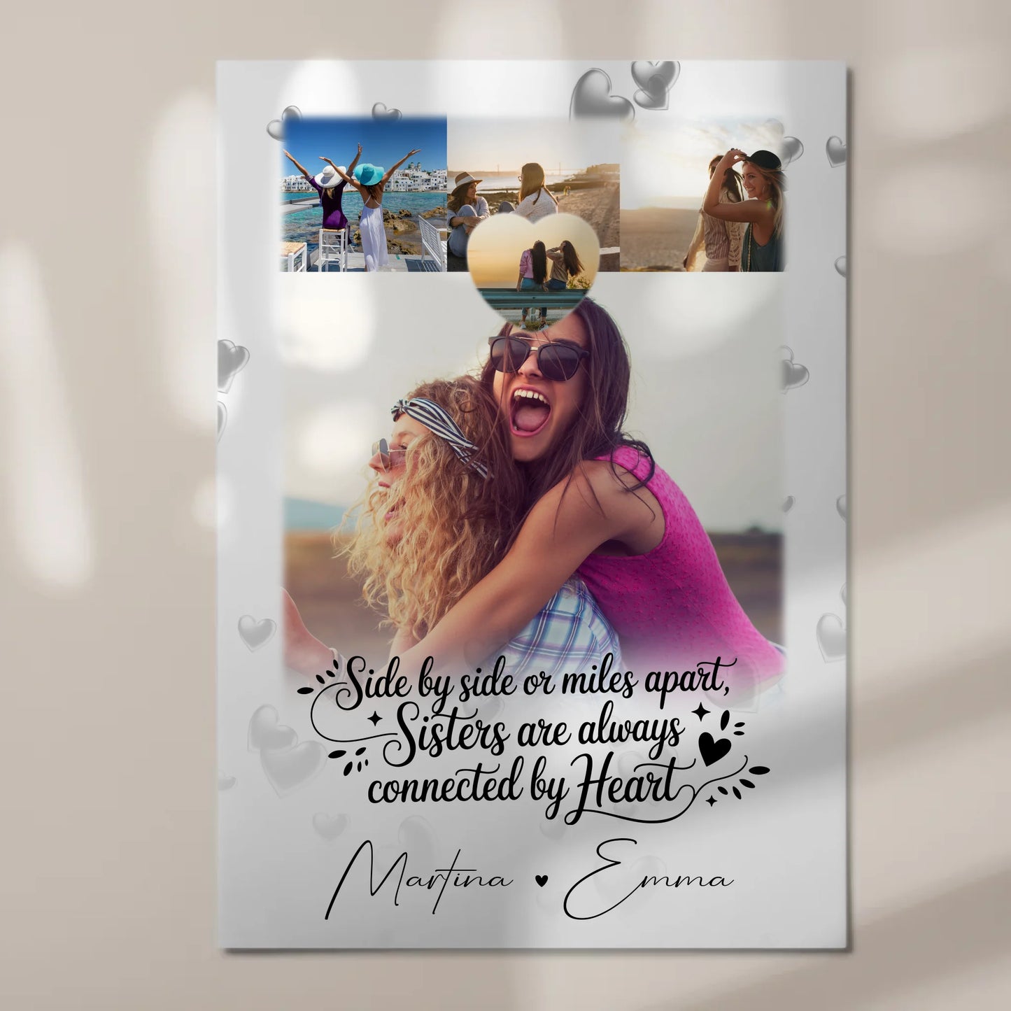 Personalisierte Fotoboard Magnet Wandbild mit 4 Fotos und Herz Side by Side