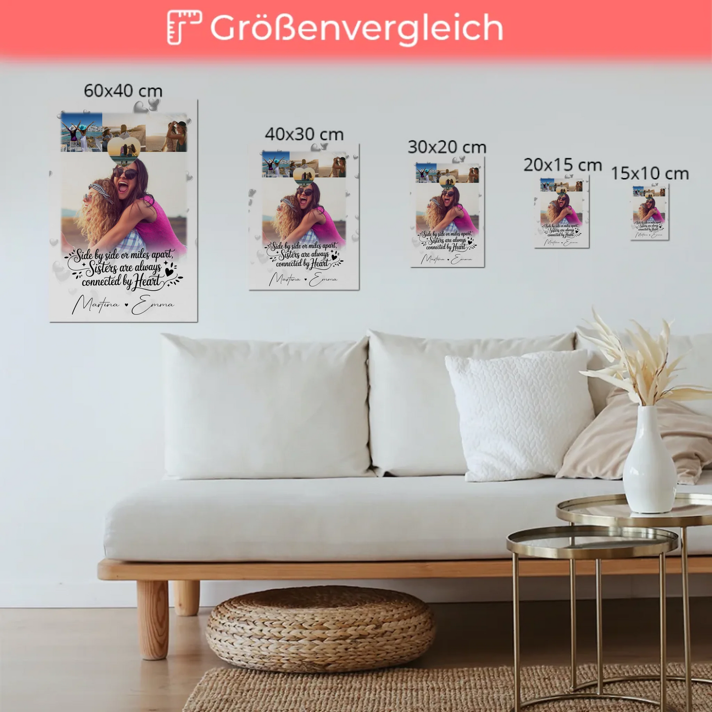 Personalisierte Fotoboard Magnet Wandbild mit 4 Fotos und Herz Side by Side